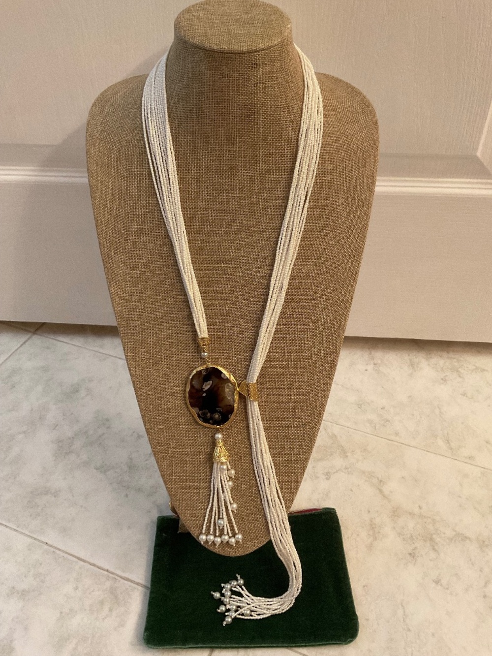 Strings of Pearls Handmade TURKEY Necklace w/Gold Plated Agate Stone *UNIQUE*